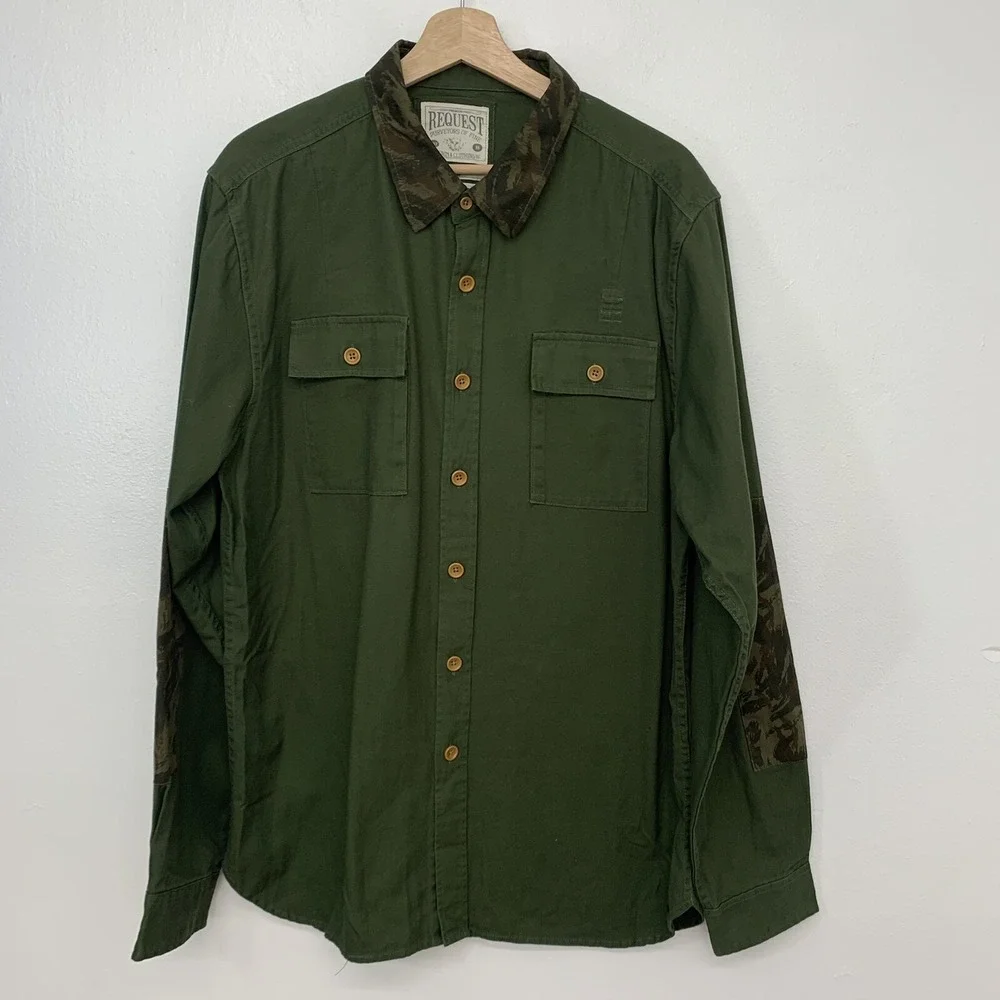Request Denim Army‎ Green Camo Patches Button Up Shirt XL 100%  Cotton Woven